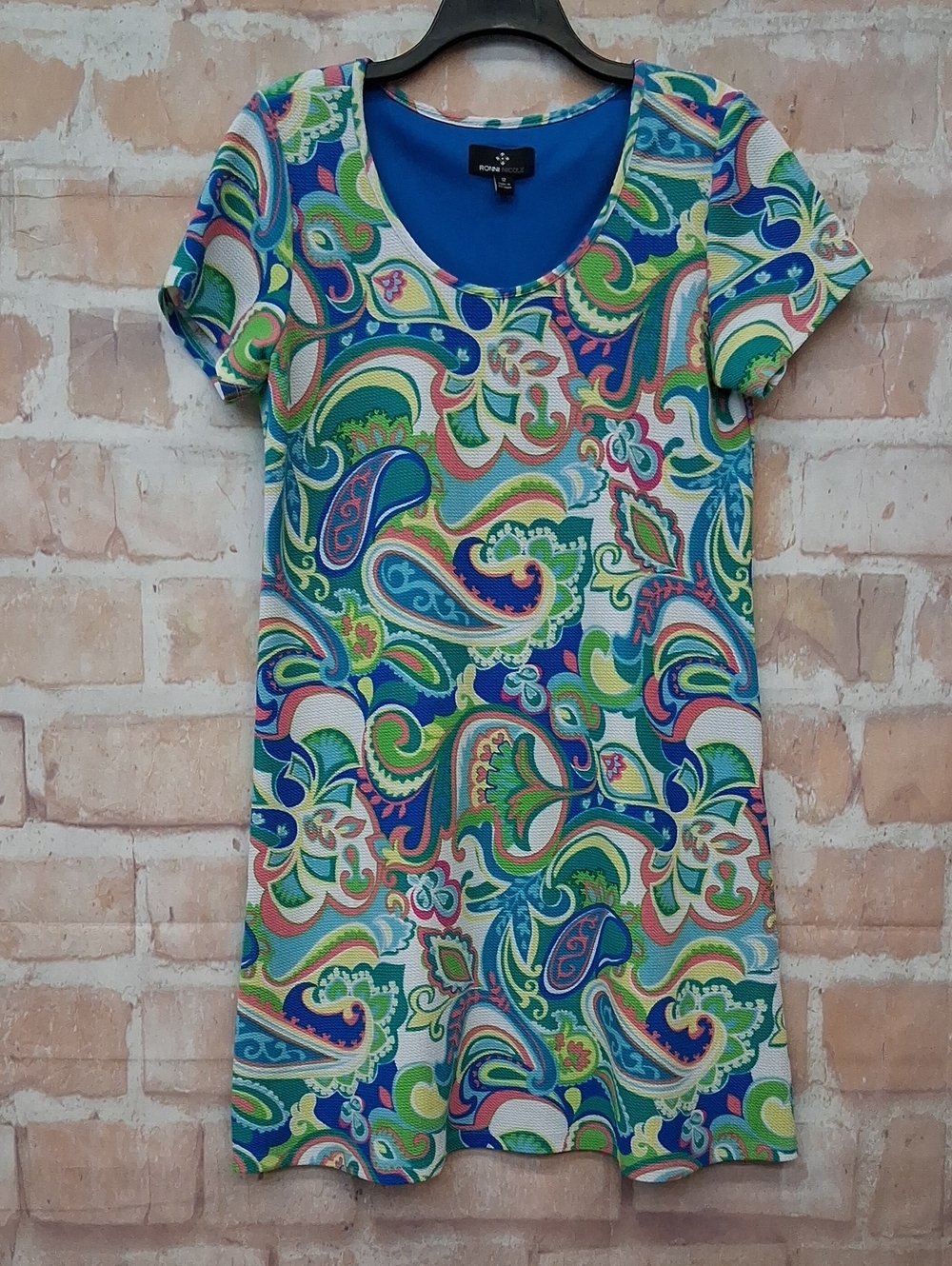Ronni Nicole Short Sleeve Scoop Neck Paisley Dress - Blue, Green, Pink